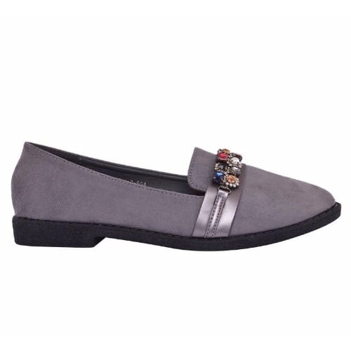 Ladies Suede Flat Loafers - Grey