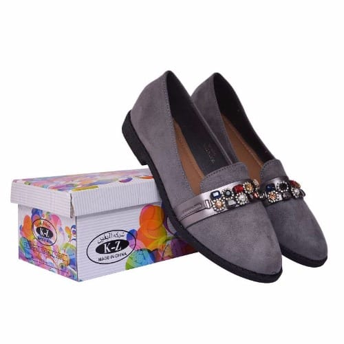 Ladies Suede Flat Loafers - Grey