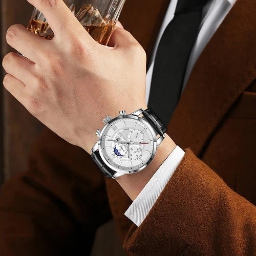 Leather Moon Phase Wristwatch - Black