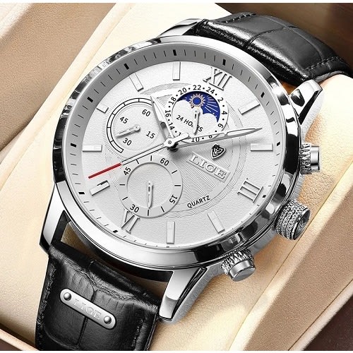 Leather Moon Phase Wristwatch - Black