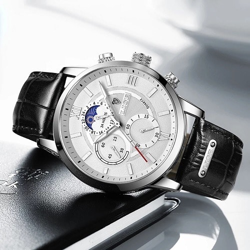Leather Moon Phase Wristwatch - Black