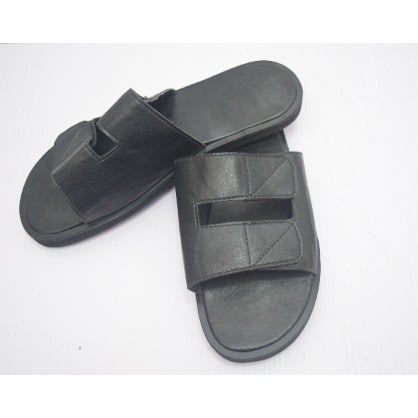 Men's Double Cross Leather Slippers -  Black