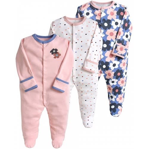 3 Pack Baby Girls Sleepsuits