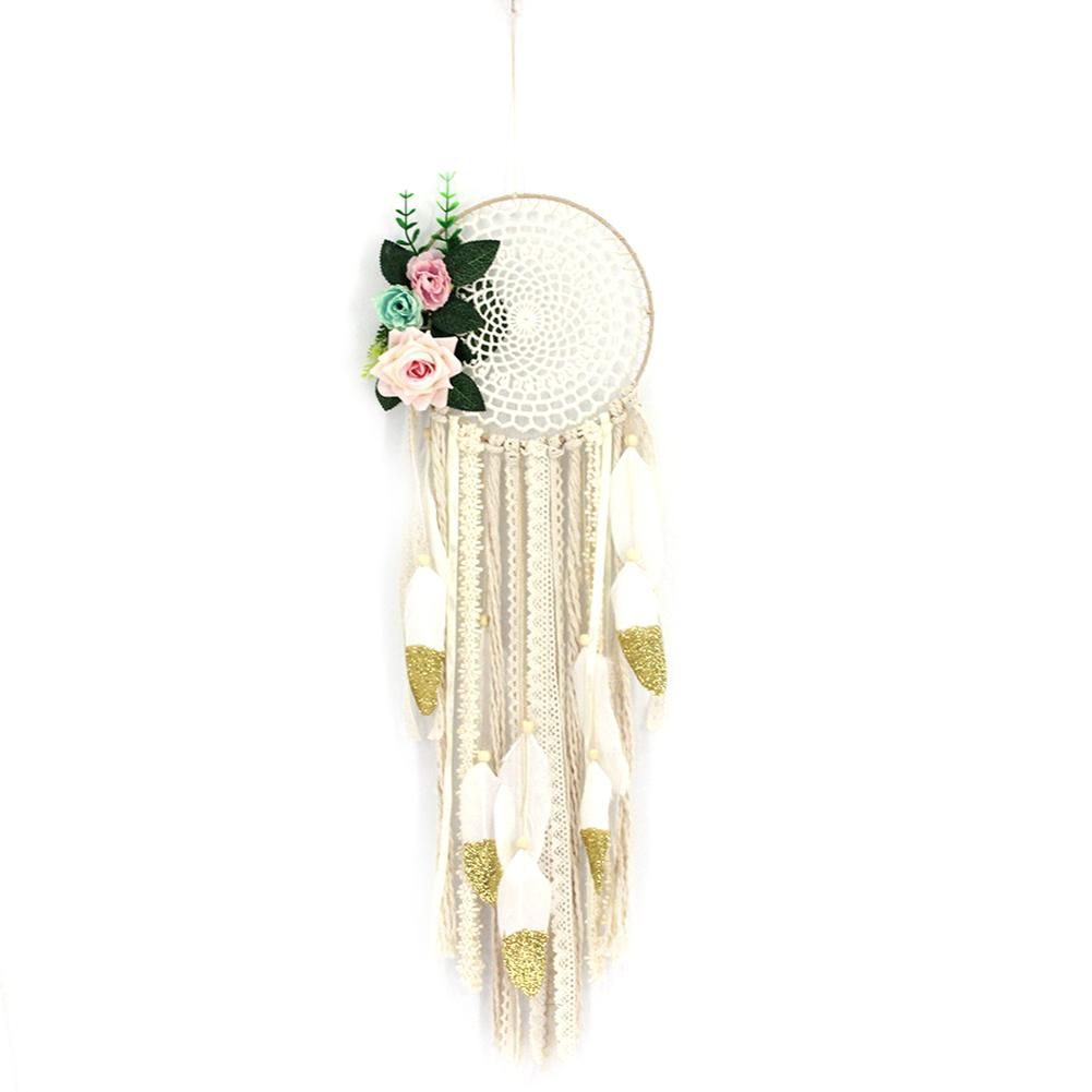 Dream Catcher Feather Flower Wall Hanging Wedding Window Balcony Decor Ornament-Beige