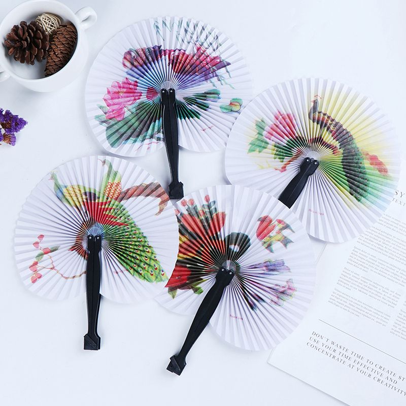 Female Handheld Folding Party Decor 12.5cm Printed Paper Decorative Fan Chinese Pocket Round Chic Fan Circle Gift Hand Fan