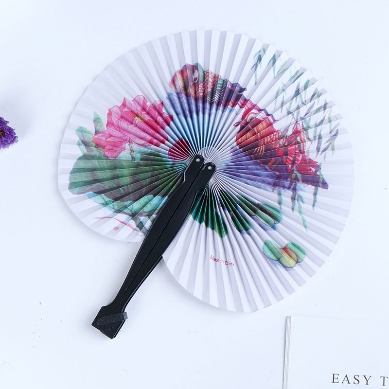 Female Handheld Folding Party Decor 12.5cm Printed Paper Decorative Fan Chinese Pocket Round Chic Fan Circle Gift Hand Fan