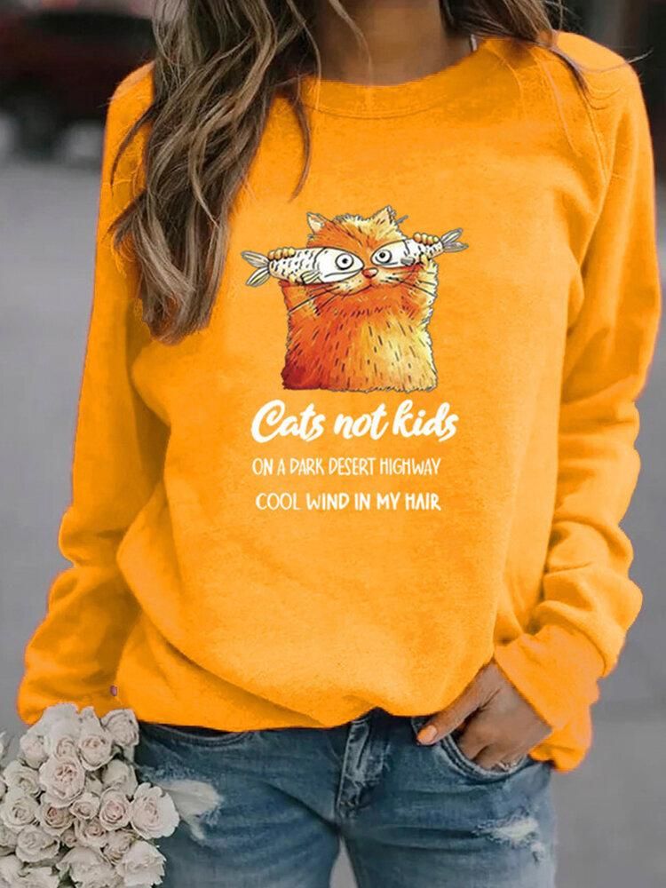 Women Funny Cartoon Cat Printed Pullover Long Sleeve Casual Sweatshirts