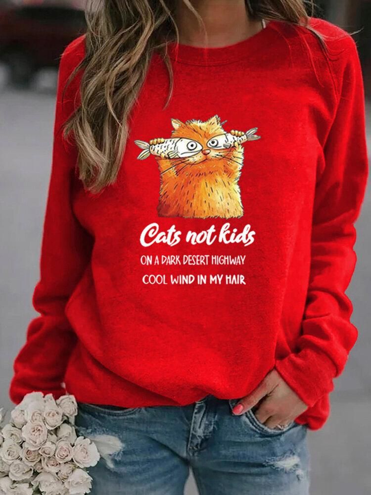 Women Funny Cartoon Cat Printed Pullover Long Sleeve Casual Sweatshirts