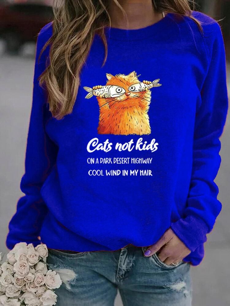 Women Funny Cartoon Cat Printed Pullover Long Sleeve Casual Sweatshirts