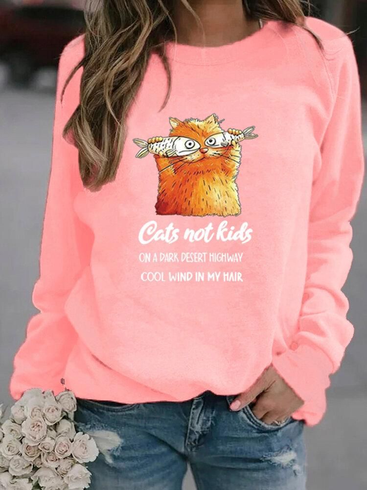 Women Funny Cartoon Cat Printed Pullover Long Sleeve Casual Sweatshirts
