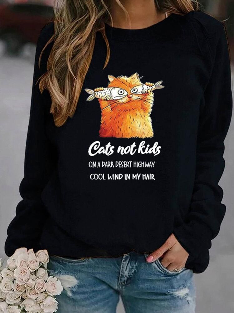 Women Funny Cartoon Cat Printed Pullover Long Sleeve Casual Sweatshirts