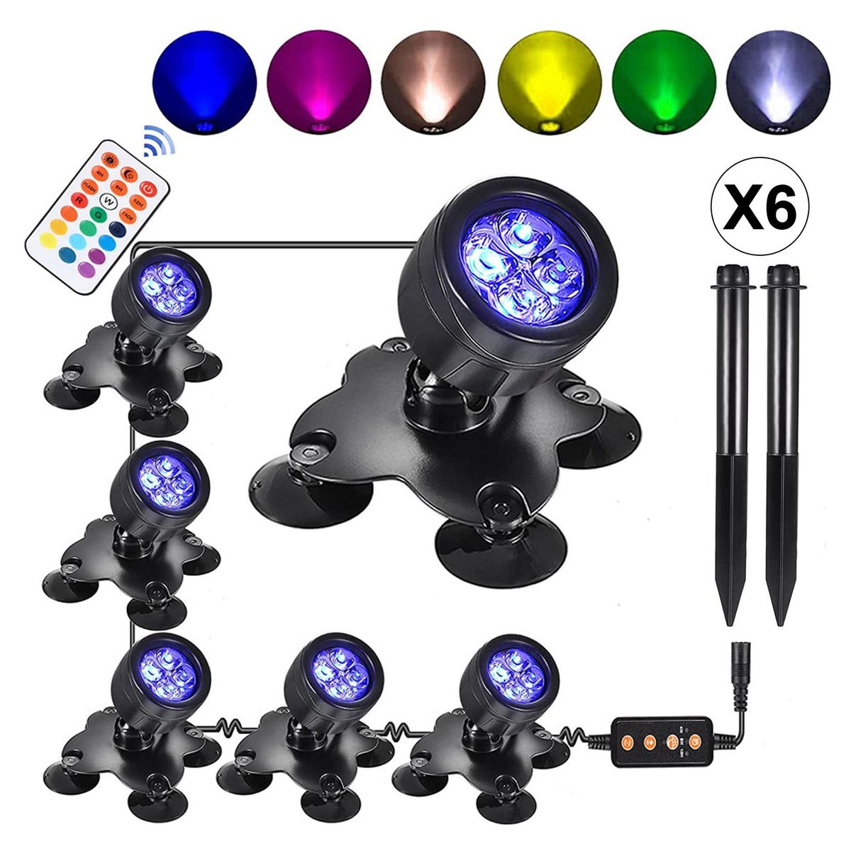 RGB Underwater Diving Lamp Light Kit Set with Remote Controller Line Control Rotatable Illumination Angle for Swimming Pool Pond Fountain Patio Courtyard