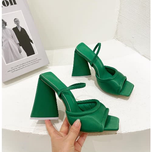 Ladies Block Heel Slippers - Green