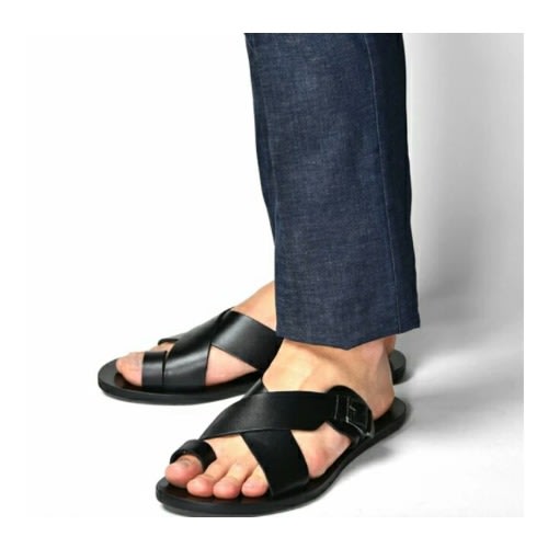 Black Leather Male Buckled Slippers