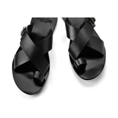 Black Leather Male Buckled Slippers