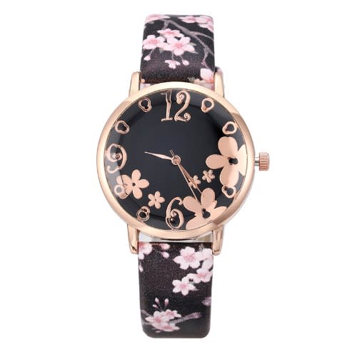 Floral Leather Women Watches - Black