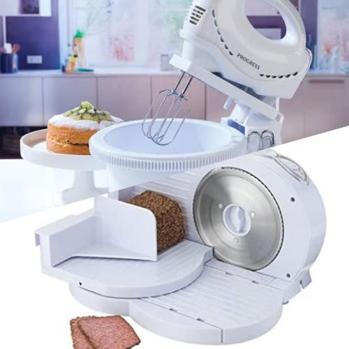 Double Package Progress 250W White Twin Hand & Stand Mixer With Food Slicer