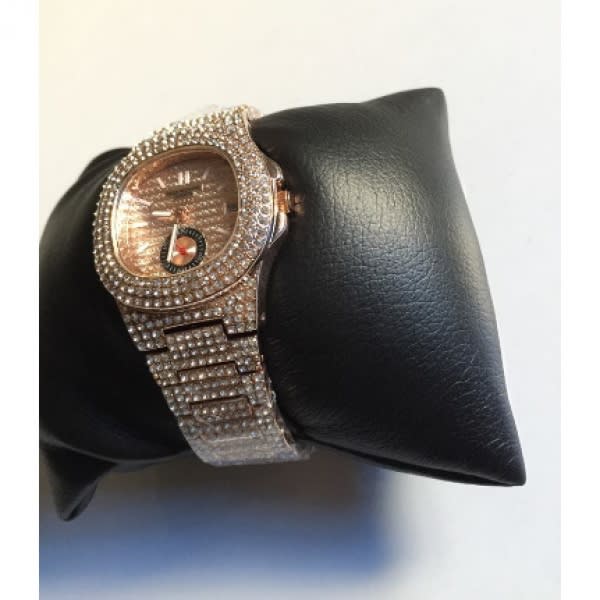 Women's Iced Stones Bracelet Strap Wrist Watch- Gold
