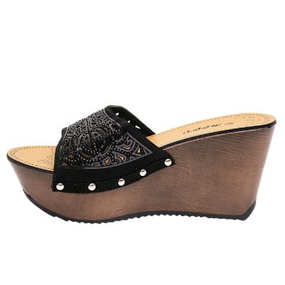 Evelyn Satin Wege With Wood Sole Detail - Black