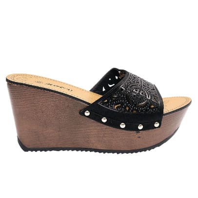 Evelyn Satin Wege With Wood Sole Detail - Black
