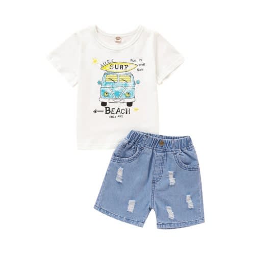2-piece Kid Boy Letter Car Print Set T-shirt Matching Ripped Denim Shorts