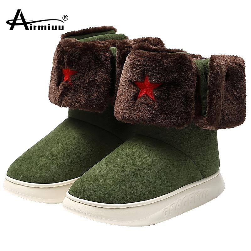 Winter Boots Men Fur Suede Flat Slip On Ankle Snow Boots Women's Indoor Oudoor Casual Shoes Keep Warm Slippers Mens Plus Size 45-Army Green