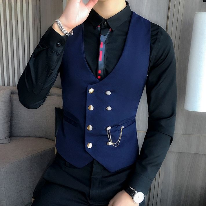 (Blue)Fashion Men Wedding Suit Vests Double-breasted Fashion Classic Waistcoat For Men Business Casual Barber Work Vest Male Outwear DOU