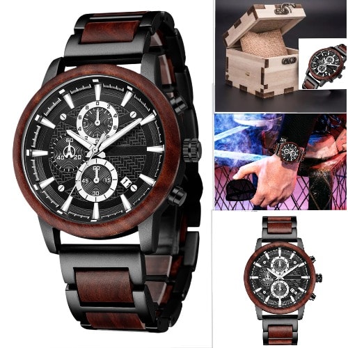Sandalwood Stainless Steel Luminous Watch Quartz Water Resistant With Wooden Box, Band Fixing Tool