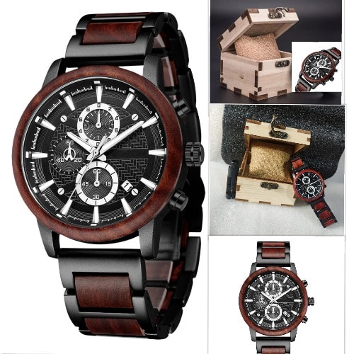 Sandalwood Stainless Steel Luminous Watch Quartz Water Resistant With Wooden Box, Band Fixing Tool