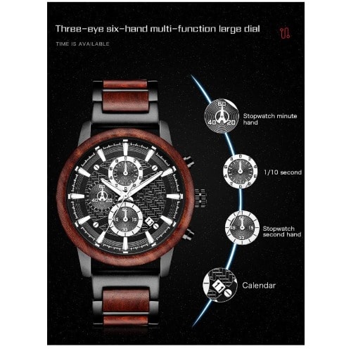 Sandalwood Stainless Steel Luminous Watch Quartz Water Resistant With Wooden Box, Band Fixing Tool