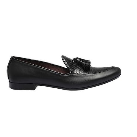 Bi - Material Patterned Royal Shoe With Tassels - Black