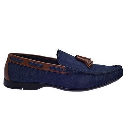 Denim And Leather Loafers With Tassels - Blue