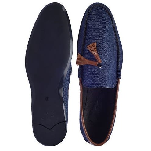 Denim And Leather Loafers With Tassels - Blue
