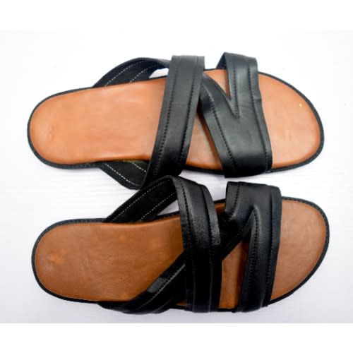 Men's Cross Leather Slip-On Slippers- Black + Brown