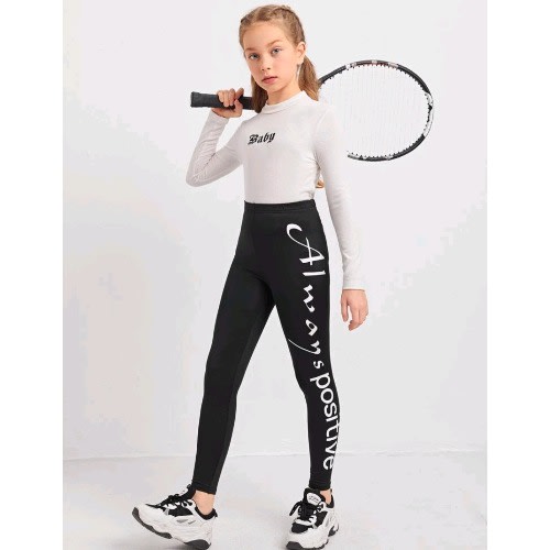 Girls Always Positive Graphic  Leggings- Black/ White