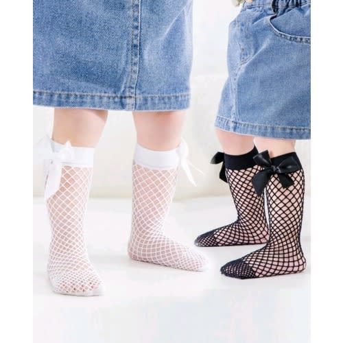 Girls Fishnet Socks With Stylish Bow - White And Black - 2 In 1