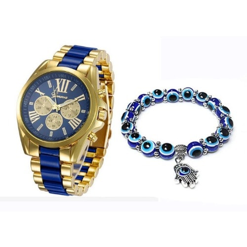 2 In 1 Women Bracelet Watch + Blue Eye Magic Bead - Blue/gold