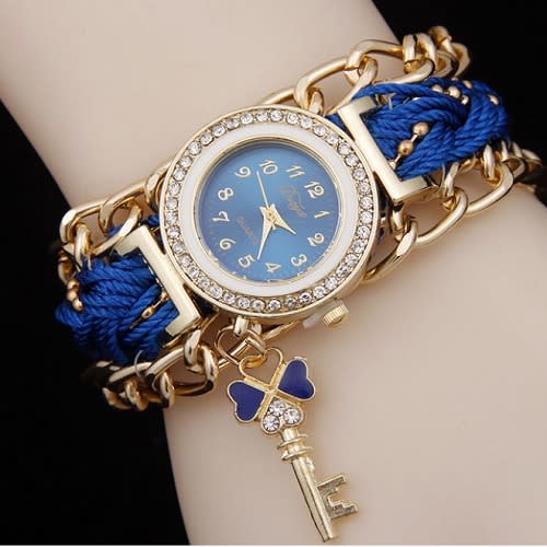 Women's Fashion Rhinestone Clover Key Pendant Braided String Chain Bracelet Wristwatch- Blue