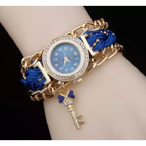 Women's Fashion Rhinestone Clover Key Pendant Braided String Chain Bracelet Wristwatch- Blue