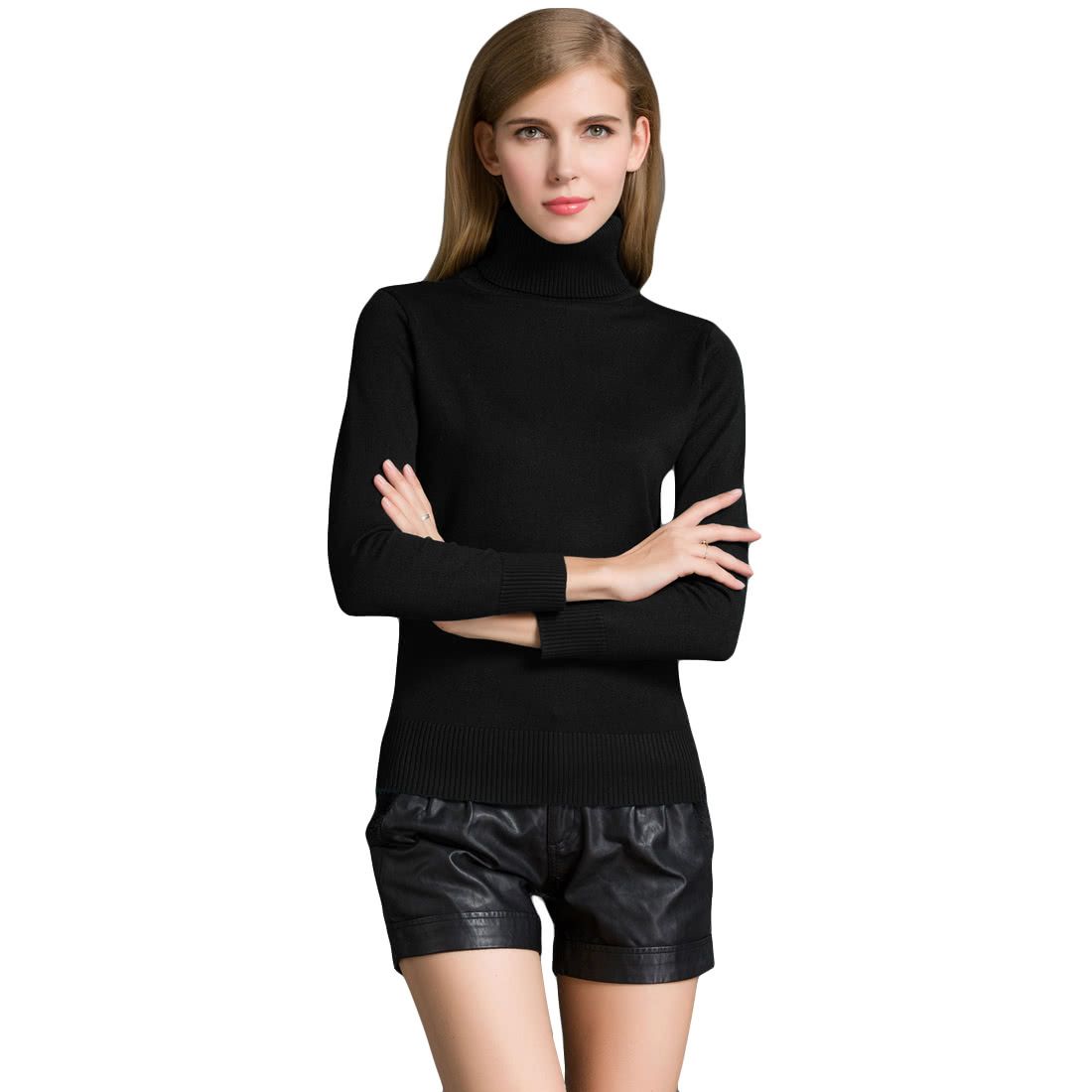 Winter Women Sweater Knitwear Turtle Neck Long Sleeves-black