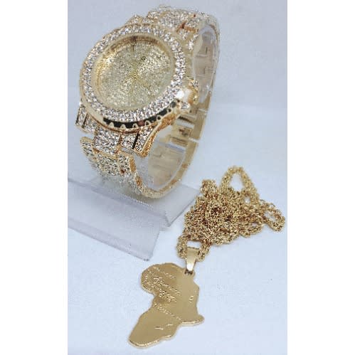 Men Gold Studded Non Darkening Wristwatch + Non Darkening Necklace