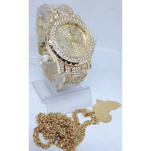 Men Gold Studded Non Darkening Wristwatch + Non Darkening Necklace