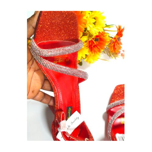 Ladies Glitter Ankle Heels Sandals-Red/Silver