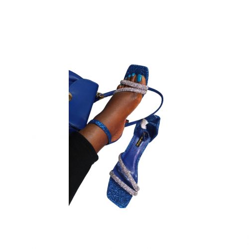 Ladies Glitter Ankle Heels Sandals-Blue/Silver