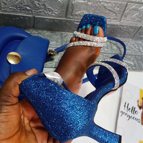 Ladies Glitter Ankle Heels Sandals-Blue/Silver