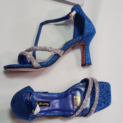 Ladies Glitter Ankle Heels Sandals-Blue/Silver