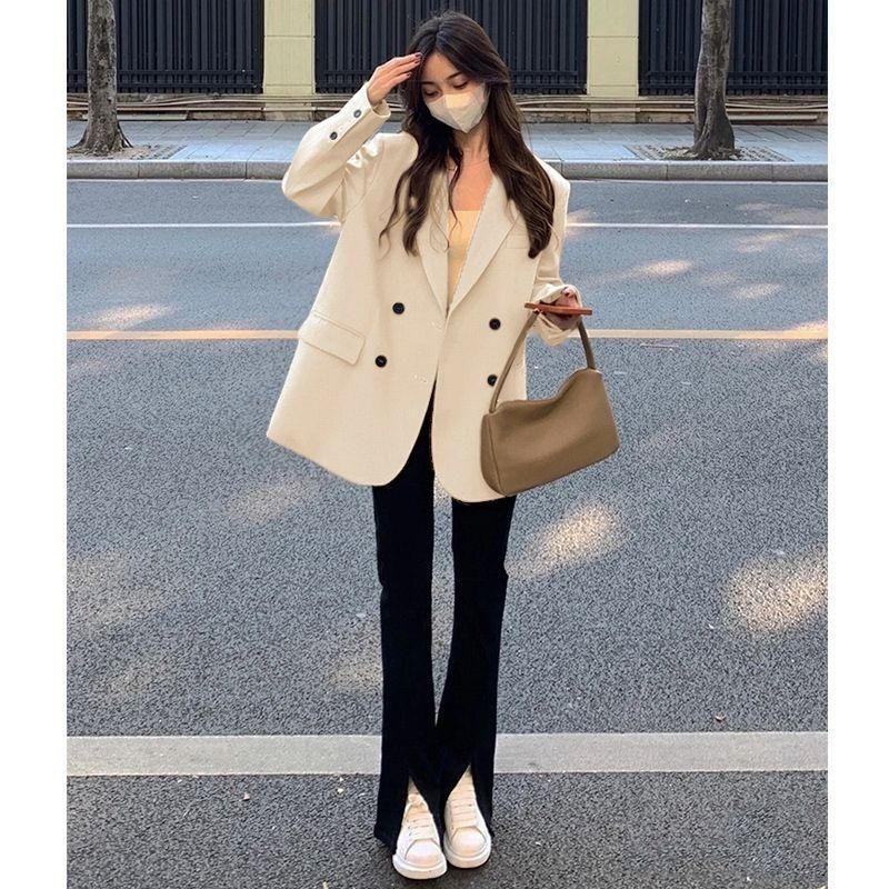 Milky White Suit Jacket for Women 2023 Spring and Autumn Korean Style Double Breasted Minority All-Match Casual Oversize Suit Fashion