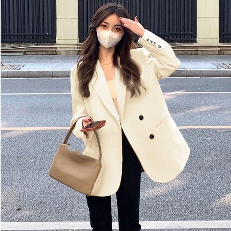 Milky White Suit Jacket for Women 2023 Spring and Autumn Korean Style Double Breasted Minority All-Match Casual Oversize Suit Fashion