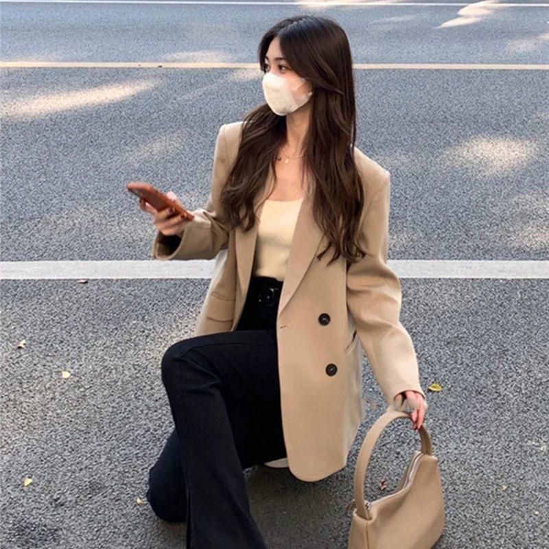 Milky White Suit Jacket for Women 2023 Spring and Autumn Korean Style Double Breasted Minority All-Match Casual Oversize Suit Fashion