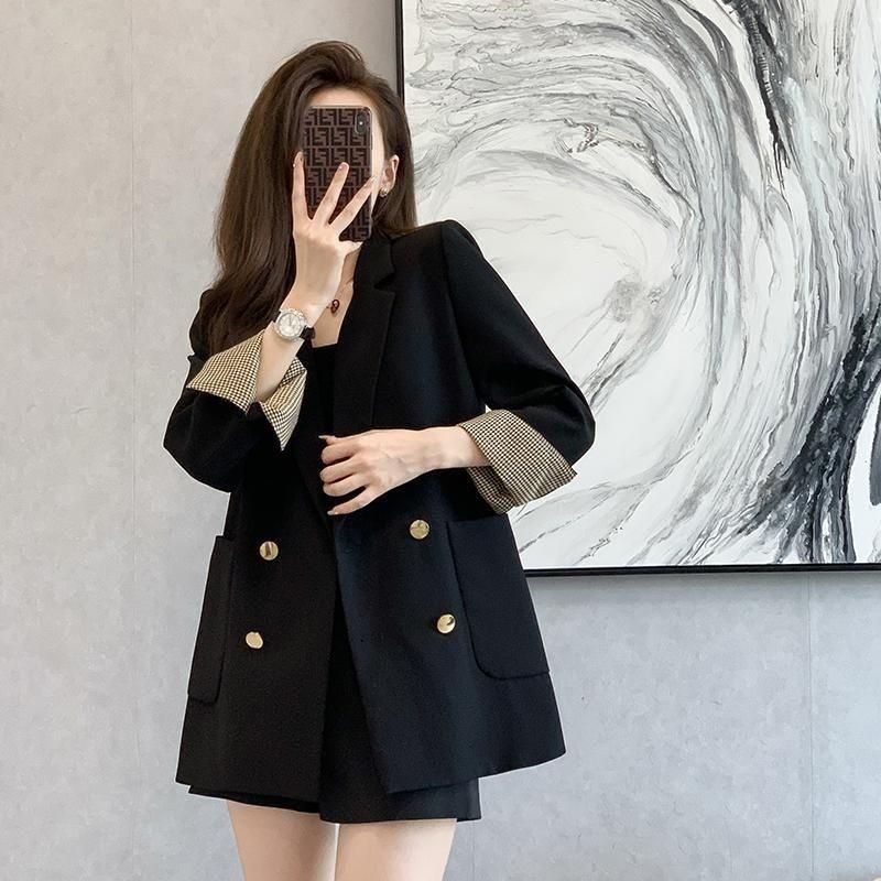 2023 Early Autumn New French Style Retro British Style Loose Slimming High-End Double Breasted Black Turned Cuff Suit Jacket